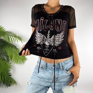 Vintage Y2K Black Grunge Goth Graphic Lace-Up Short Sleeve Graphic Tee / XS